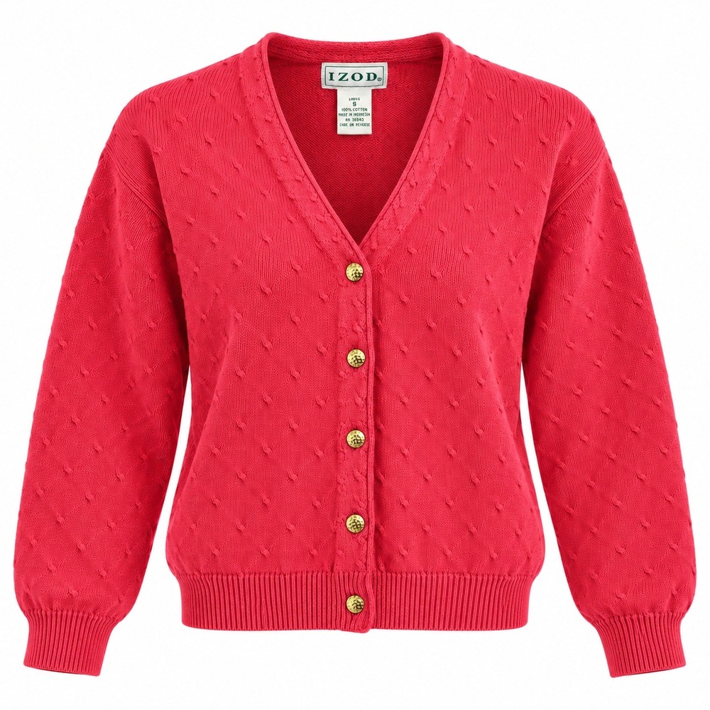 IZOD Coral Red 100% Cotton V-Neck Button Front Cardigan Sweater Small 80s